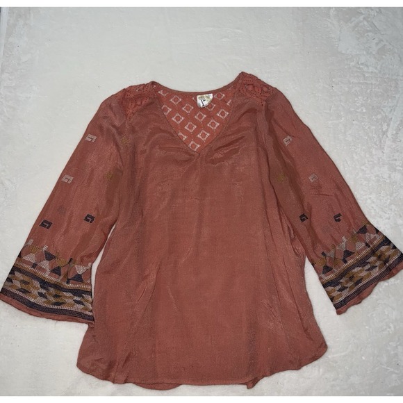 Anthropologie Fig & Flower Tops - Anthropologie Fig Flower Women's Large Blouse‎ Orange Geometric Bell Sleeve Boho